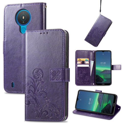 

For Nokia 1.4 Four-leaf Clasp Embossed Buckle Mobile Phone Protection Leather Case with Lanyard & Card Slot & Wallet & Bracket Function(Purple)