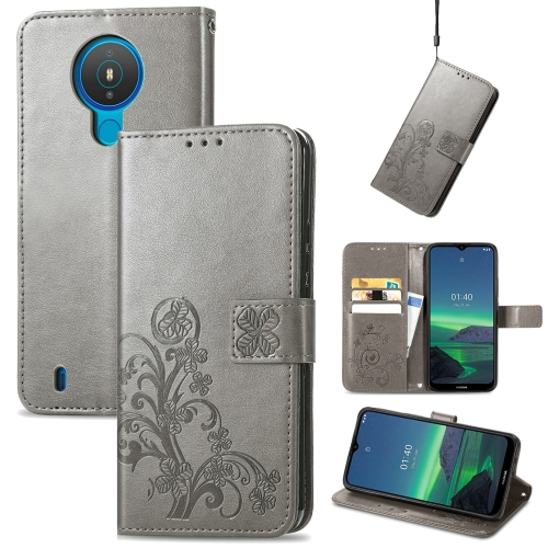 

For Nokia 1.4 Four-leaf Clasp Embossed Buckle Mobile Phone Protection Leather Case with Lanyard & Card Slot & Wallet & Bracket Function(Gray)