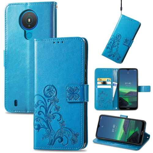 

For Nokia 1.4 Four-leaf Clasp Embossed Buckle Mobile Phone Protection Leather Case with Lanyard & Card Slot & Wallet & Bracket Function(Blue)