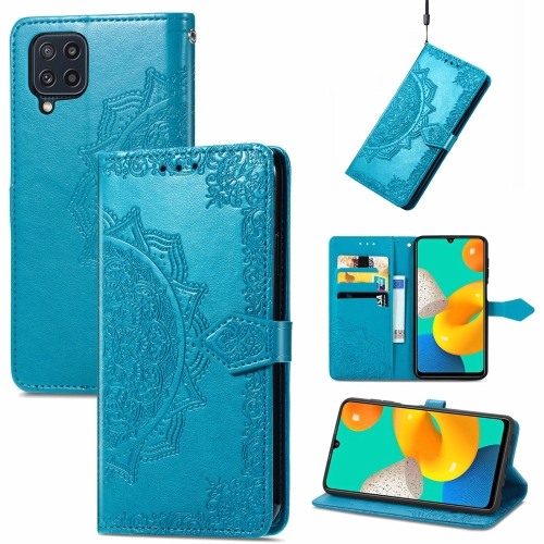 

For Samsung Galaxy M32 Mandala Flower Embossed Horizontal Flip Leather Case with Holder & Three Card Slots & Wallet & Lanyard(Blue)