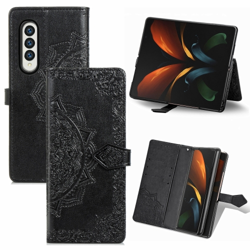 

For Samsung Galaxy Z Fold3 Mandala Flower Embossed Horizontal Flip Leather Case with Holder & Three Card Slots & Wallet & Lanyard(Black)