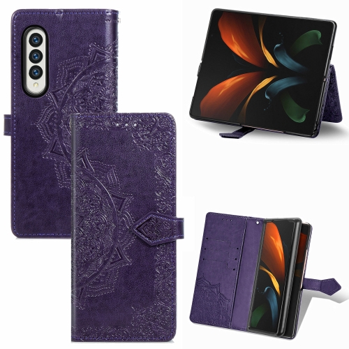 

For Samsung Galaxy Z Fold3 Mandala Flower Embossed Horizontal Flip Leather Case with Holder & Three Card Slots & Wallet & Lanyard(Purple)