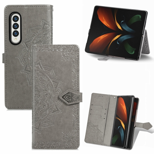 

For Samsung Galaxy Z Fold3 Mandala Flower Embossed Horizontal Flip Leather Case with Holder & Three Card Slots & Wallet & Lanyard(Grey)