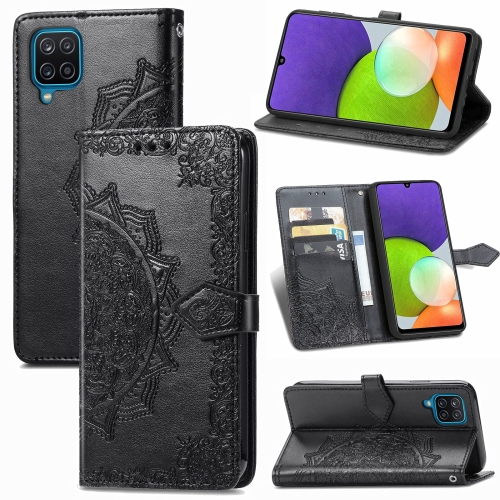 

For Samsung Galaxy A12 Mandala Flower Embossed Horizontal Flip Leather Case with Holder & Three Card Slots & Wallet & Lanyard(Black)