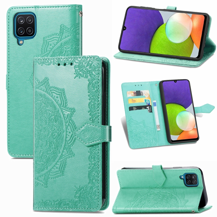 

For Samsung Galaxy A12 Mandala Flower Embossed Horizontal Flip Leather Case with Holder & Three Card Slots & Wallet & Lanyard(Green)