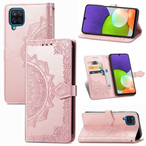 

For Samsung Galaxy A12 Mandala Flower Embossed Horizontal Flip Leather Case with Holder & Three Card Slots & Wallet & Lanyard(Rose Gold)