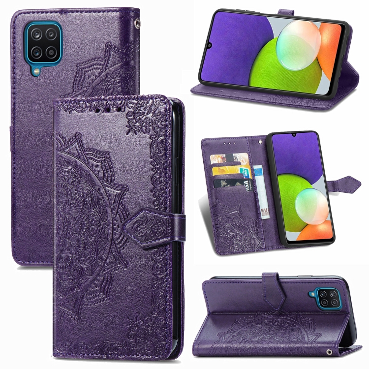 

For Samsung Galaxy A12 Mandala Flower Embossed Horizontal Flip Leather Case with Holder & Three Card Slots & Wallet & Lanyard(Purple)