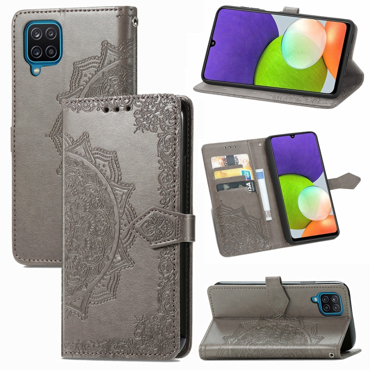 

For Samsung Galaxy A12 Mandala Flower Embossed Horizontal Flip Leather Case with Holder & Three Card Slots & Wallet & Lanyard(Grey)