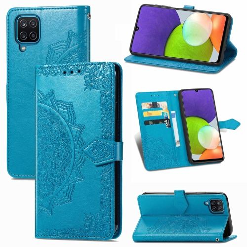 

For Samsung Galaxy A12 Mandala Flower Embossed Horizontal Flip Leather Case with Holder & Three Card Slots & Wallet & Lanyard(Blue)