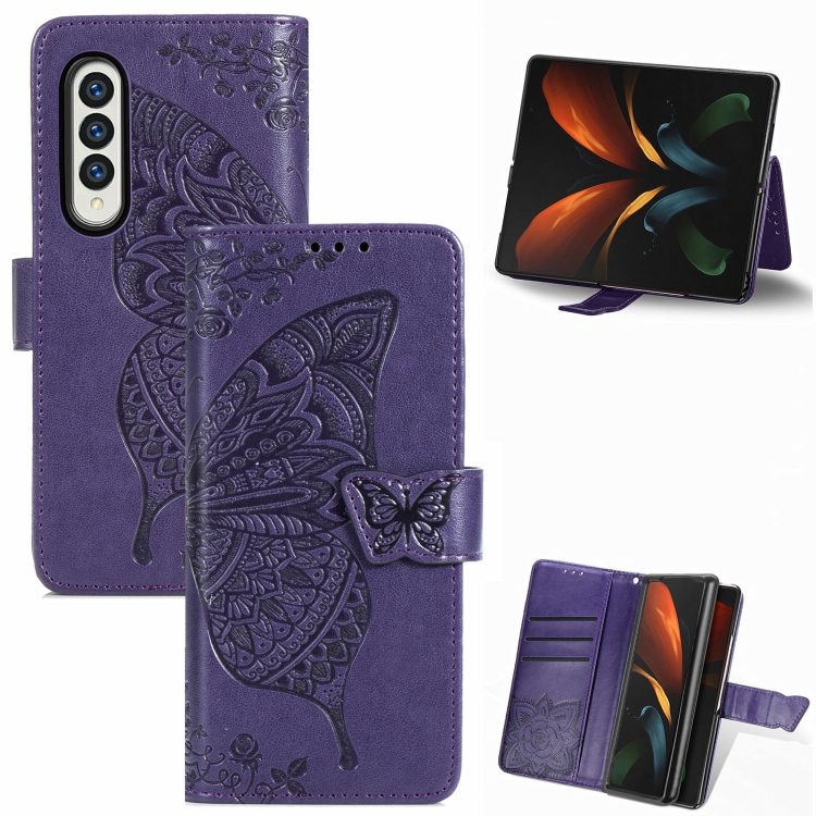 

For Samsung Galaxy Z Fold3 Butterfly Love Flowers Embossed Horizontal Flip Leather Case with Holder & Card Slots & Wallet & Lanyard(Dark Purple)