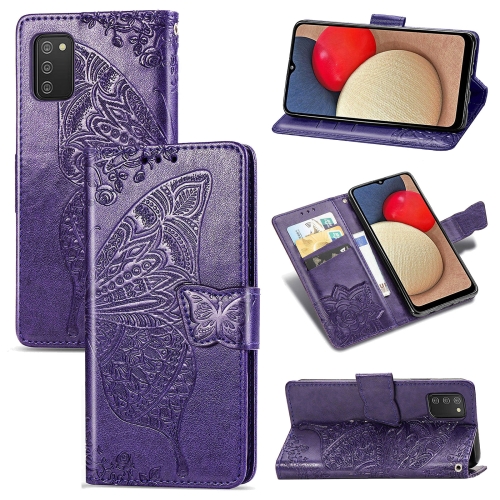 

For Samsung Galaxy A03s 164mm Butterfly Love Flowers Embossed Horizontal Flip Leather Case with Holder & Card Slots & Wallet & Lanyard(Dark Purple)