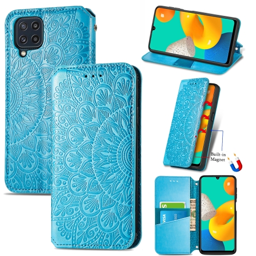 

For Galaxy M32 Blooming Mandala Embossed Pattern Magnetic Horizontal Flip Leather Case with Holder & Card Slots & Wallet(Blue)