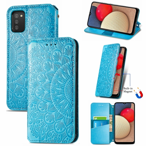 

For Samsung Galaxy A03s 164mm Blooming Mandala Embossed Pattern Magnetic Horizontal Flip Leather Case with Holder & Card Slots & Wallet(Blue)