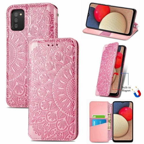 

For Galaxy A03s Blooming Mandala Embossed Pattern Magnetic Horizontal Flip Leather Case with Holder & Card Slots & Wallet(Pink)