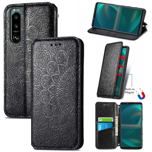 

For Sony Xperia 5 III Blooming Mandala Embossed Pattern Magnetic Horizontal Flip Leather Case with Holder & Card Slots & Wallet(Black)