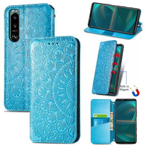 

For Sony Xperia 5 III Blooming Mandala Embossed Pattern Magnetic Horizontal Flip Leather Case with Holder & Card Slots & Wallet(Blue)