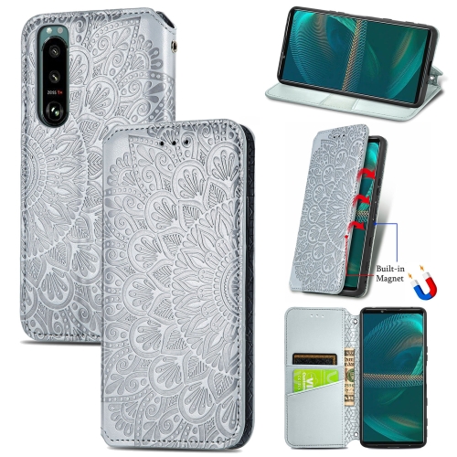 

For Sony Xperia 5 III Blooming Mandala Embossed Pattern Magnetic Horizontal Flip Leather Case with Holder & Card Slots & Wallet(Gray)