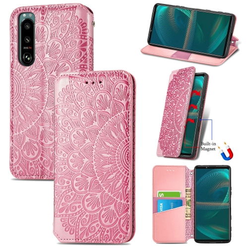 

For Sony Xperia 5 III Blooming Mandala Embossed Pattern Magnetic Horizontal Flip Leather Case with Holder & Card Slots & Wallet(Pink)