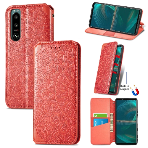 

For Sony Xperia 5 III Blooming Mandala Embossed Pattern Magnetic Horizontal Flip Leather Case with Holder & Card Slots & Wallet(Red)