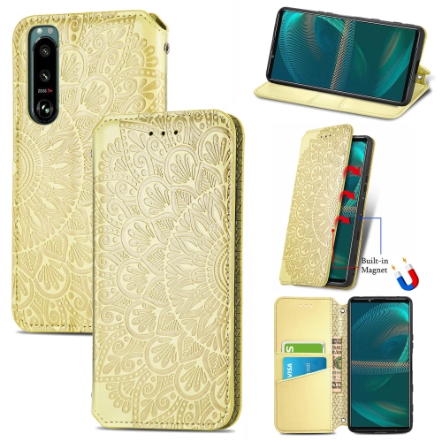 

For Sony Xperia 5 III Blooming Mandala Embossed Pattern Magnetic Horizontal Flip Leather Case with Holder & Card Slots & Wallet(Yellow)
