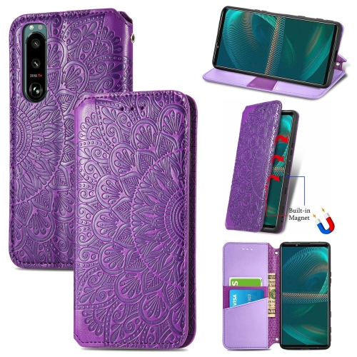 

For Sony Xperia 5 III Blooming Mandala Embossed Pattern Magnetic Horizontal Flip Leather Case with Holder & Card Slots & Wallet(Purple)