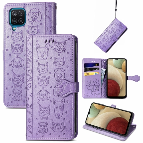 

For Galaxy A12 Cute Cat and Dog Embossed Horizontal Flip Leather Case with Holder & Card Slots & Wallet & Lanyard(Purple)