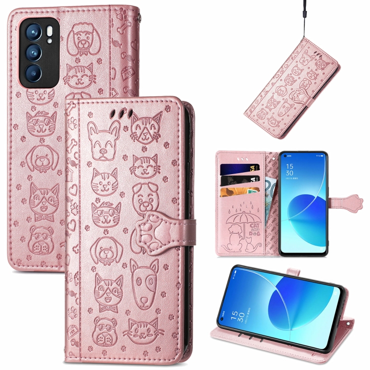 For OPPO Reno6 5G Cute Cat and Dog Embossed Horizontal Flip