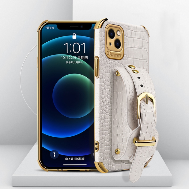 

Electroplated TPU Crocodile Pattern Leather Case with Wrist Strap For iPhone 13(White)