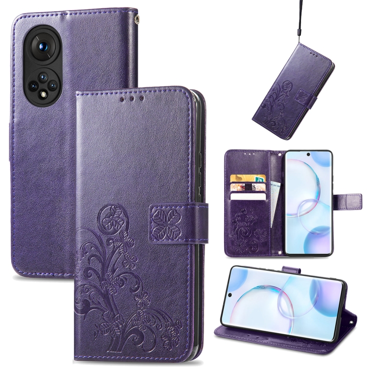 

For Honor 50 Four-leaf Clasp Embossed Buckle Mobile Phone Protection Leather Case with Lanyard & Card Slot & Wallet & Bracket Function(Purple)