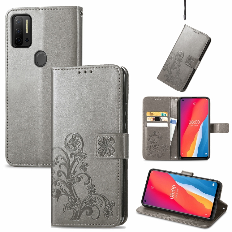 

For Ulefone Note 11 Plus Four-leaf Clasp Embossed Buckle Mobile Phone Protection Leather Case with Lanyard & Card Slot & Wallet & Bracket Function(Gray)