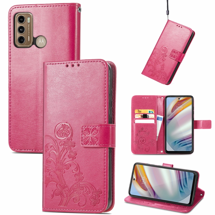 

For Motorola Moto G60 Four-leaf Clasp Embossed Buckle Mobile Phone Protection Leather Case with Lanyard & Card Slot & Wallet & Bracket Function(Magenta)