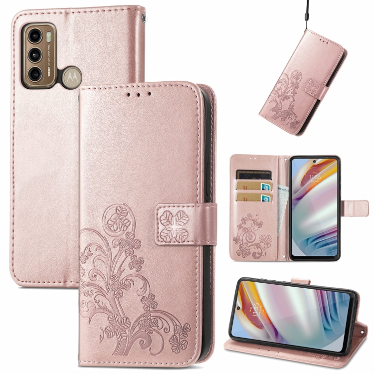 

For Motorola Moto G60 Four-leaf Clasp Embossed Buckle Mobile Phone Protection Leather Case with Lanyard & Card Slot & Wallet & Bracket Function(Rose Gold)