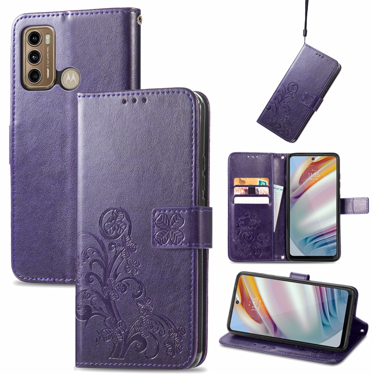 

For Motorola Moto G60 Four-leaf Clasp Embossed Buckle Mobile Phone Protection Leather Case with Lanyard & Card Slot & Wallet & Bracket Function(Purple)