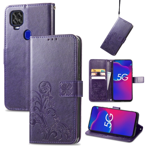 

For ZTE Axon 11 SE 5G Four-leaf Clasp Embossed Buckle Mobile Phone Protection Leather Case with Lanyard & Card Slot & Wallet & Bracket Function(Purple)