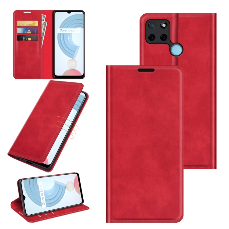 

For OPPO Realme C21Y Retro-skin Business Magnetic Suction Leather Case with Holder & Card Slots & Wallet(Red)