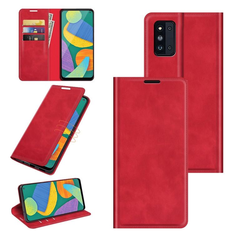 

For Samsung Galaxy F52 5G Retro-skin Business Magnetic Suction Leather Case with Holder & Card Slots & Wallet(Red)