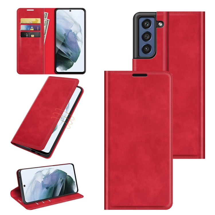 

For Samsung Galaxy S21 FE Retro-skin Business Magnetic Suction Leather Case with Holder & Card Slots & Wallet(Red)