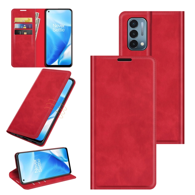 

For OnePlus Nord N200 5G Retro-skin Business Magnetic Suction Leather Case with Holder & Card Slots & Wallet(Red)
