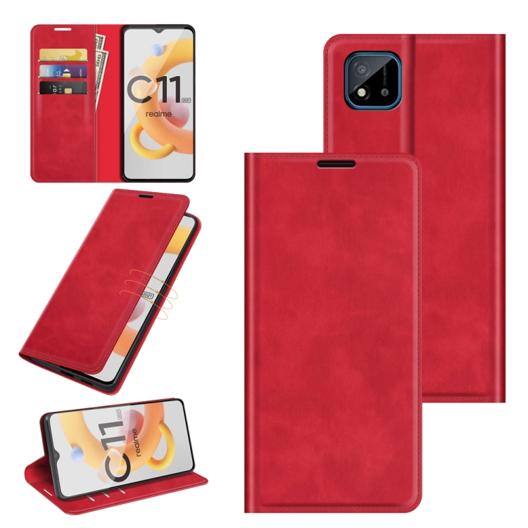 

For OPPO Realme C11 2021 Retro-skin Business Magnetic Suction Leather Case with Holder & Card Slots & Wallet(Red)