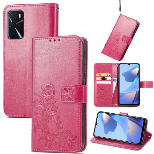 

For OPPO A16 Four-leaf Clasp Embossed Buckle Leather Phone Case(Magenta)