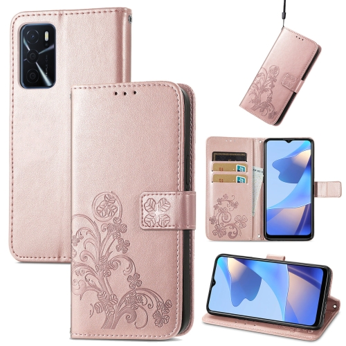 

For OPPO A16 Four-leaf Clasp Embossed Buckle Mobile Phone Protection Leather Case with Lanyard & Card Slot & Wallet & Bracket Function(Rose Gold)