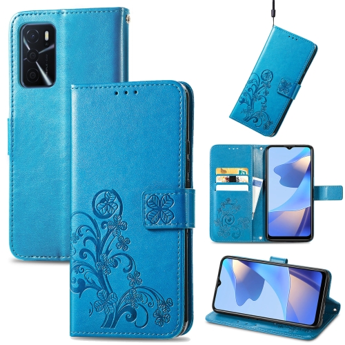 

For OPPO A16 Four-leaf Clasp Embossed Buckle Leather Phone Case(Blue)