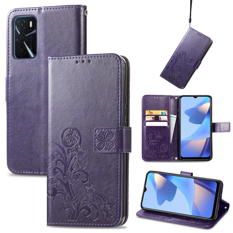 

For OPPO A16 Four-leaf Clasp Embossed Buckle Mobile Phone Protection Leather Case with Lanyard & Card Slot & Wallet & Bracket Function(Purple)