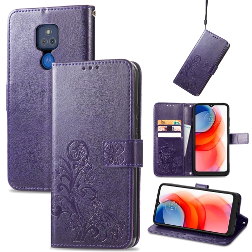For Motorola G Play Four-leaf Clasp Embossed Buckle Mobile Phone Protection Leather Case with Lanyard & Card Slot & Wallet & Bracket Function(Purple)