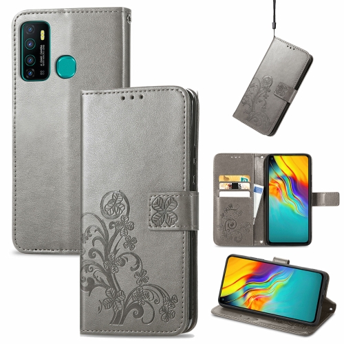 For Infinix Hot 9 Four-leaf Clasp Embossed Buckle Mobile Phone Protection Leather Case with Lanyard & Card Slot & Wallet & Bracket Function(Gray)