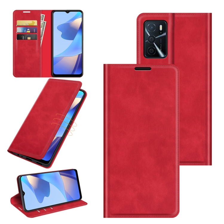 

For OPPO A16 Retro-skin Business Magnetic Suction Leather Case with Holder & Card Slots & Wallet(Red)