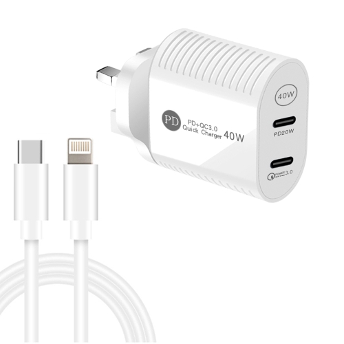 

40W Dual Port PD / Type-C Fast Charger with Type-C to 8 Pin Data Cable, UK Plug(White)