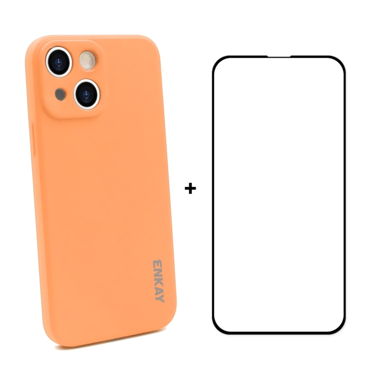 

Hat-Prince ENKAY Liquid Silicone Shockproof Protective Case Drop Protection Cover + Full Coverage Tempered Glass Protector Film for iPhone 13(Orange)
