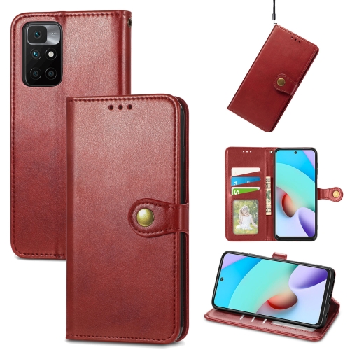 

For Xiaomi Redmi 10 Solid Color Leather Buckle Phone Case with Lanyard & Photo Frame & Card Slot & Wallet & Stand Function(Red)