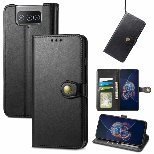 

For Asus Zenfone 8 Flip Solid Color Leather Buckle Phone Case with Lanyard & Photo Frame & Card Slot & Wallet & Stand Function(Black)